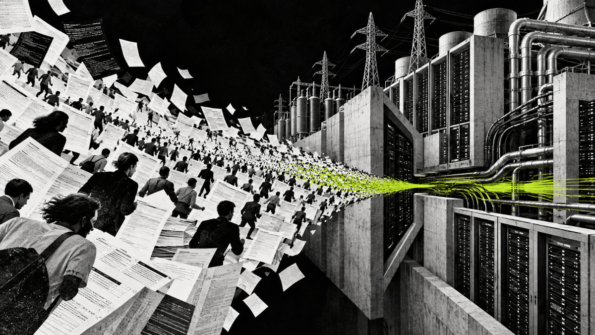 abstract people rushing to a tech structure